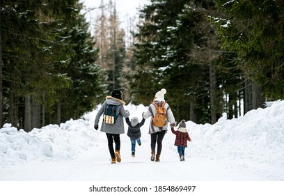 Rear View Of Family With Two Small Children In Winter Nature Walking In The Snow